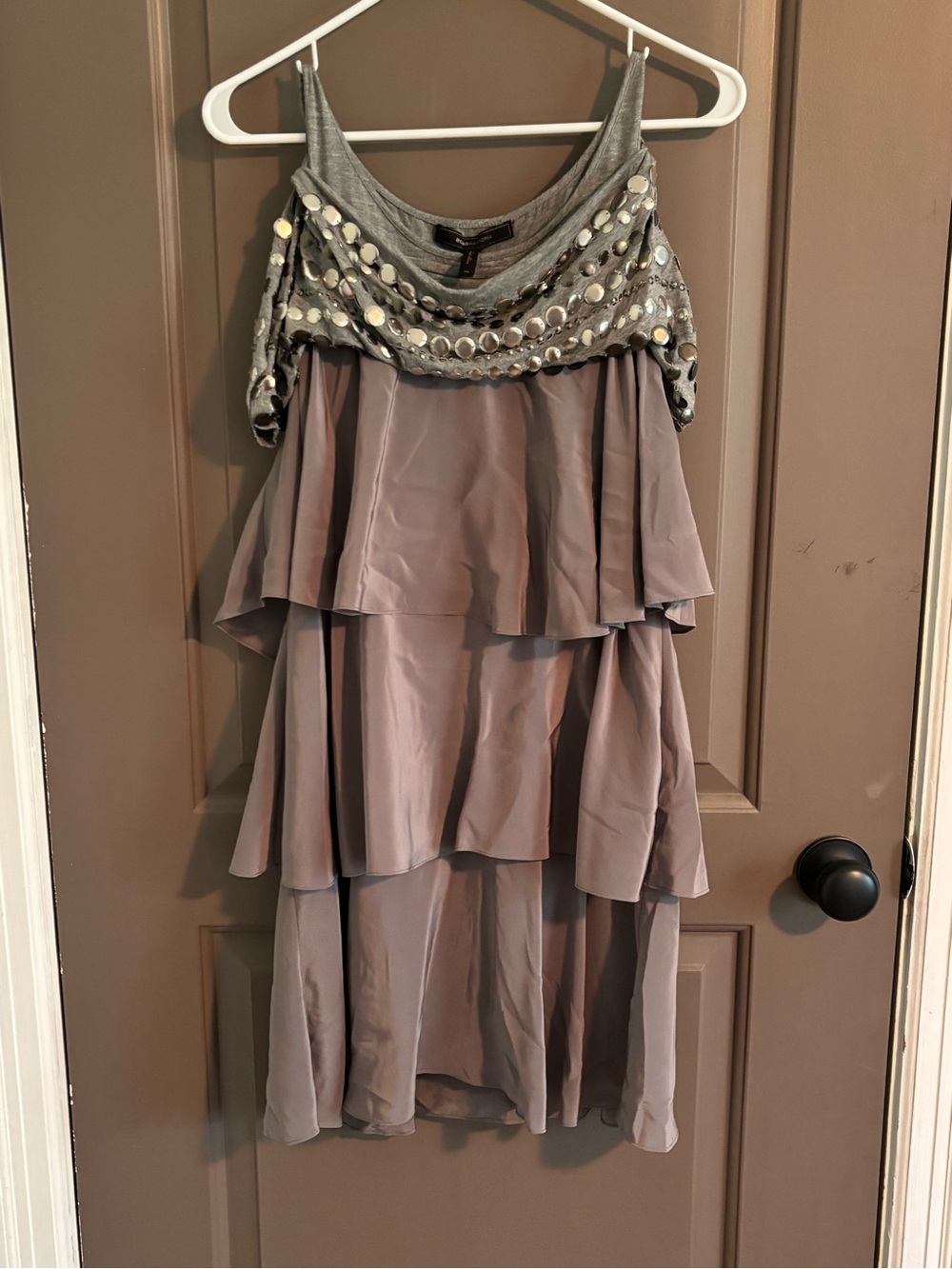 BCBGMaxAzria Gray Layered High-Low Dress with Beaded Yoke